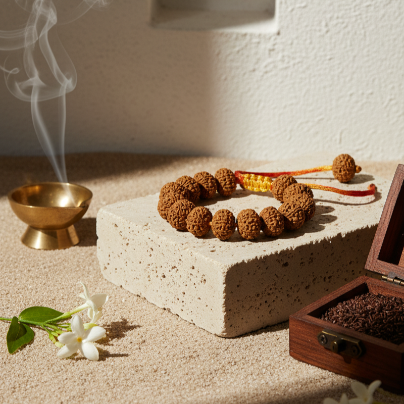 Bracelet on a stone surface with a smoking incense holder and flowers in the background