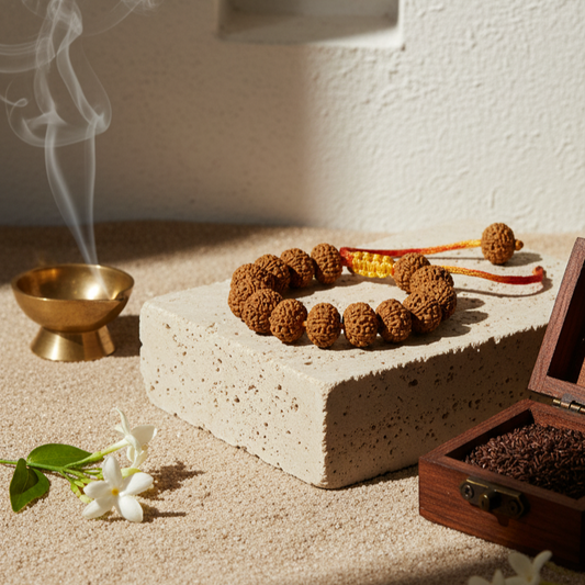 Bracelet on a stone surface with a smoking incense holder and flowers in the background